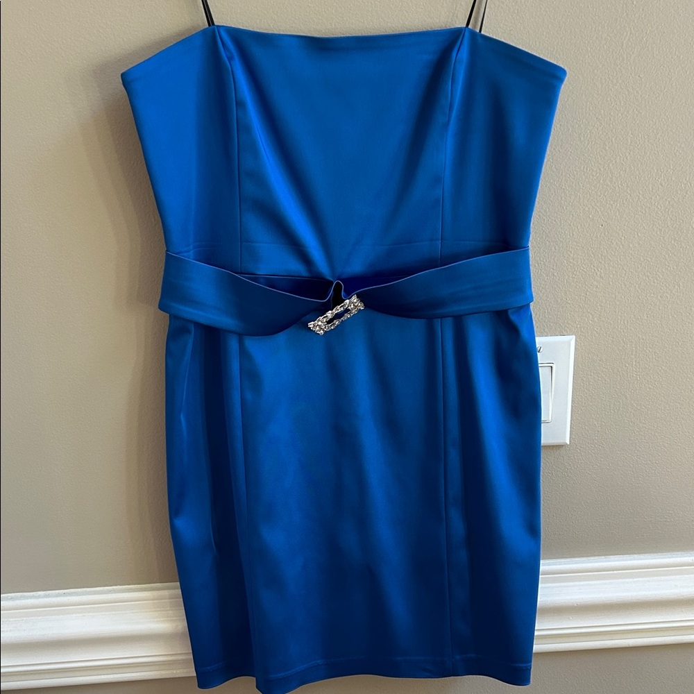 Amanda Uprichard Hasley Blue Satin Strapless Minidress Jeweled Buckle Size XL